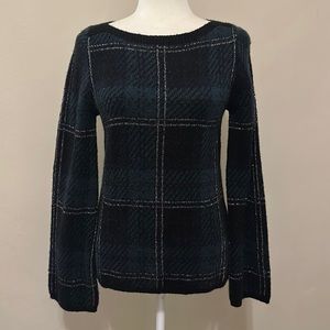 Sparkly Metallic Accent Forest Green Plaid Warm Sweater Ann Taylor Size XS